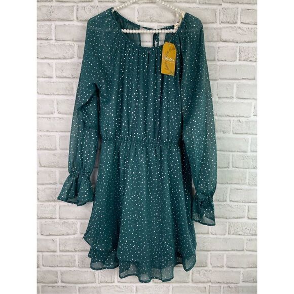 Andree Women's Green Star Print Balloon Sleeves Tie Back Mini Dress Size Medium - Picture 8 of 8